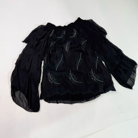 Shirt Blouse Womens Medium 100% Silk Whimsigoth Tiered Flowy Witchy Beaded - Picture 1 of 10